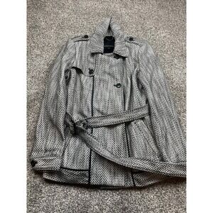 Banana Republic Trench Coat Womens S Black White Houndstooth Belted Double